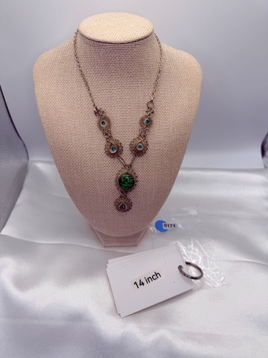 Antique Silesian Iron Wirework Necklace 14 Inch Green Czech Glass 3