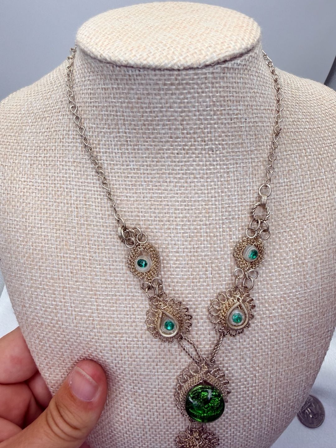 Antique Silesian Iron Wirework Necklace 14 Inch Green Czech Glass 4