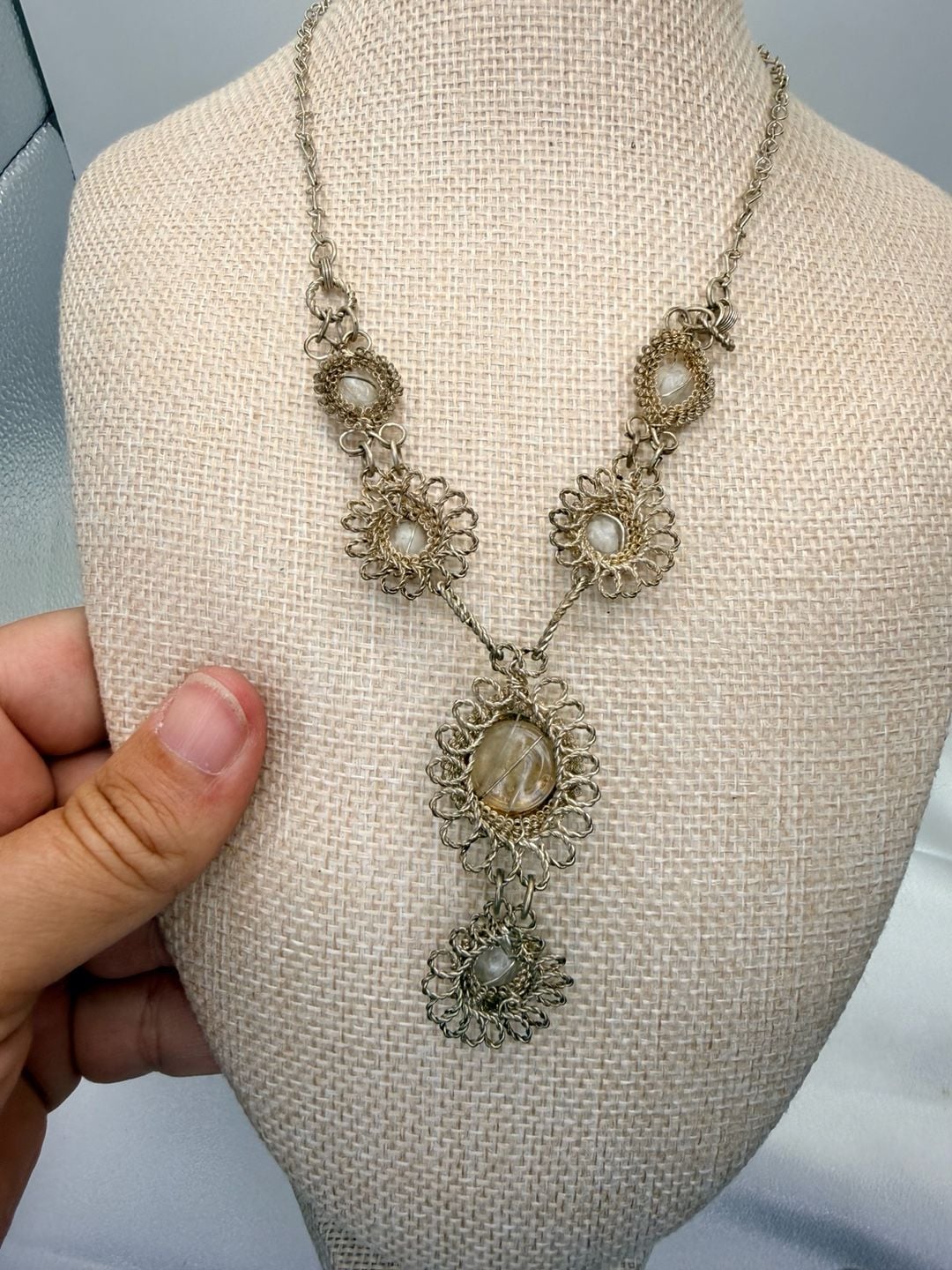 Antique Silesian Iron Wirework Necklace 14 Inch Green Czech Glass 6