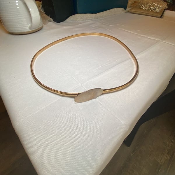 Vintage Gold Tone Metal Stretch Snake Chain Belt Oval Buckle