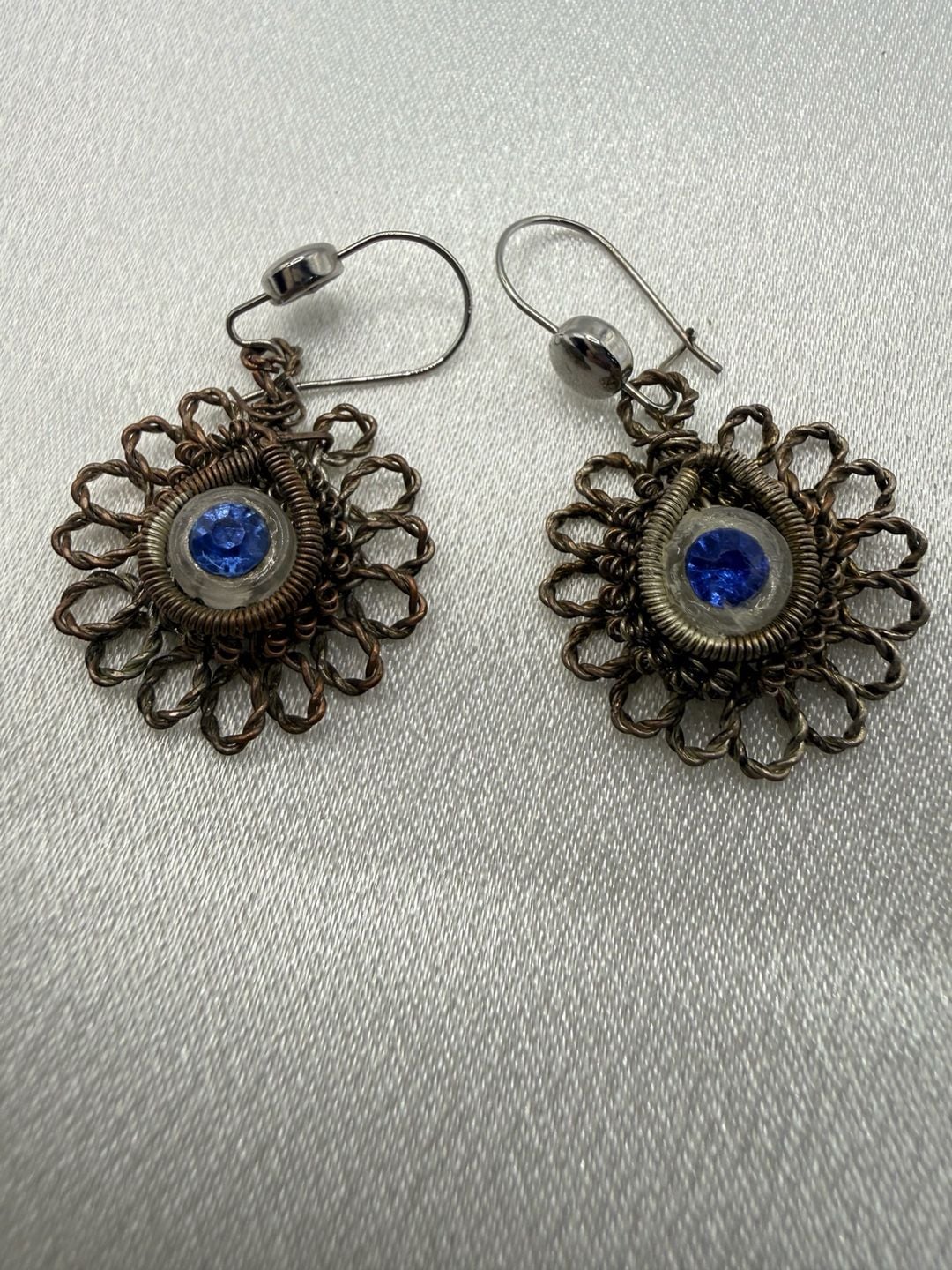Antique Prussian-Silesian Iron Wire-Work Blue Rhinestone Earrings 2