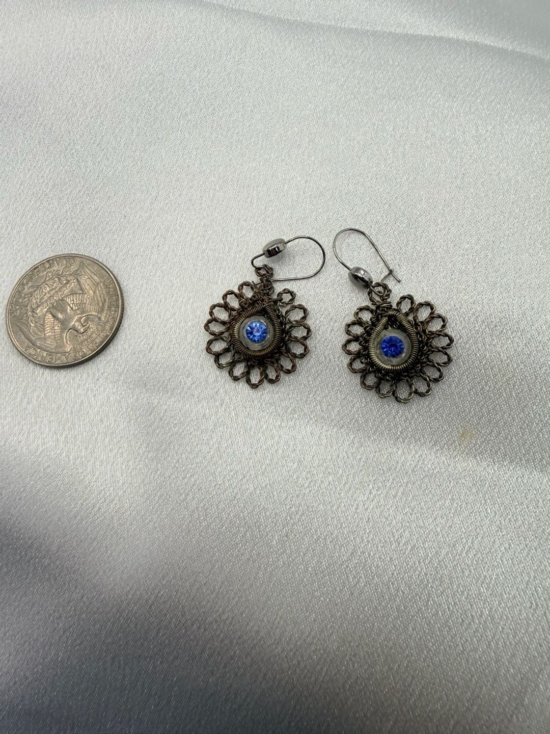 Antique Prussian-Silesian Iron Wire-Work Blue Rhinestone Earrings 4
