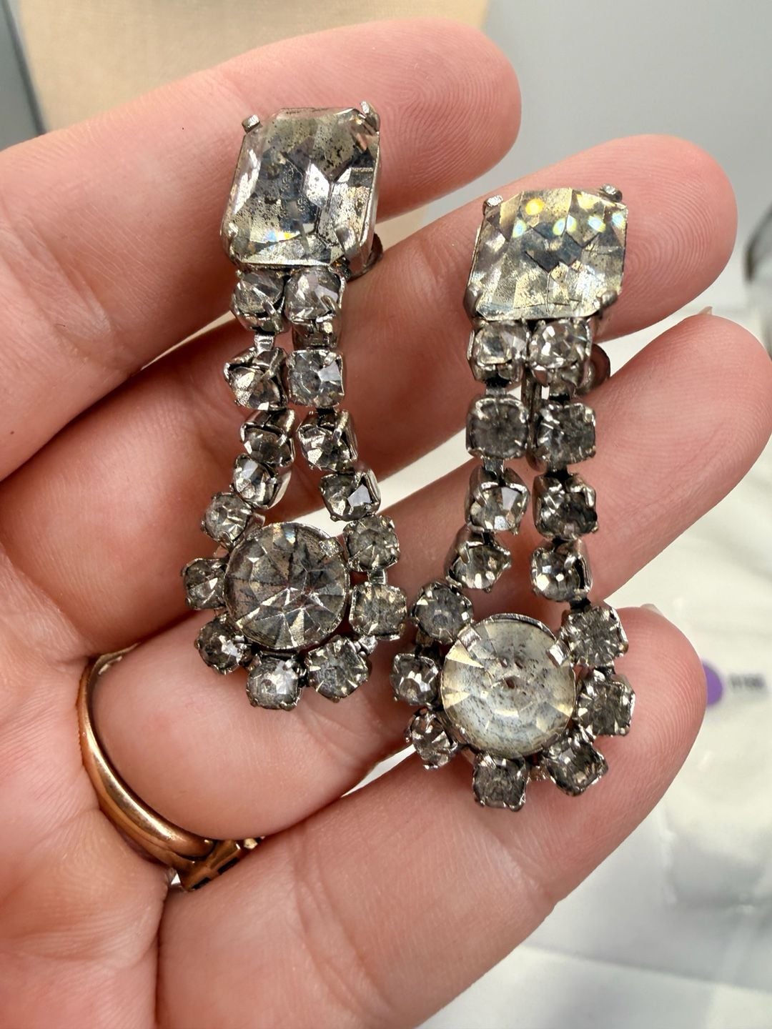 Czechoslovakian Rhinestone Screw Back Dangle Earrings 2