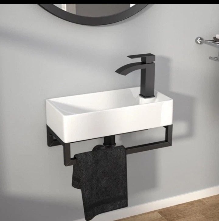 Kichae Wall Mount Small Floating Bathroom Sink with Towel Rack 5