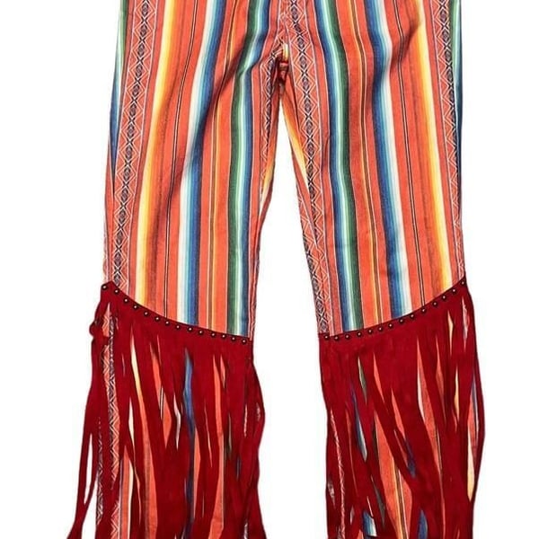 Cowgirl Western Lucky & Blessed Straight Leg Pants sz 12 Aztec Serape Fringe Red