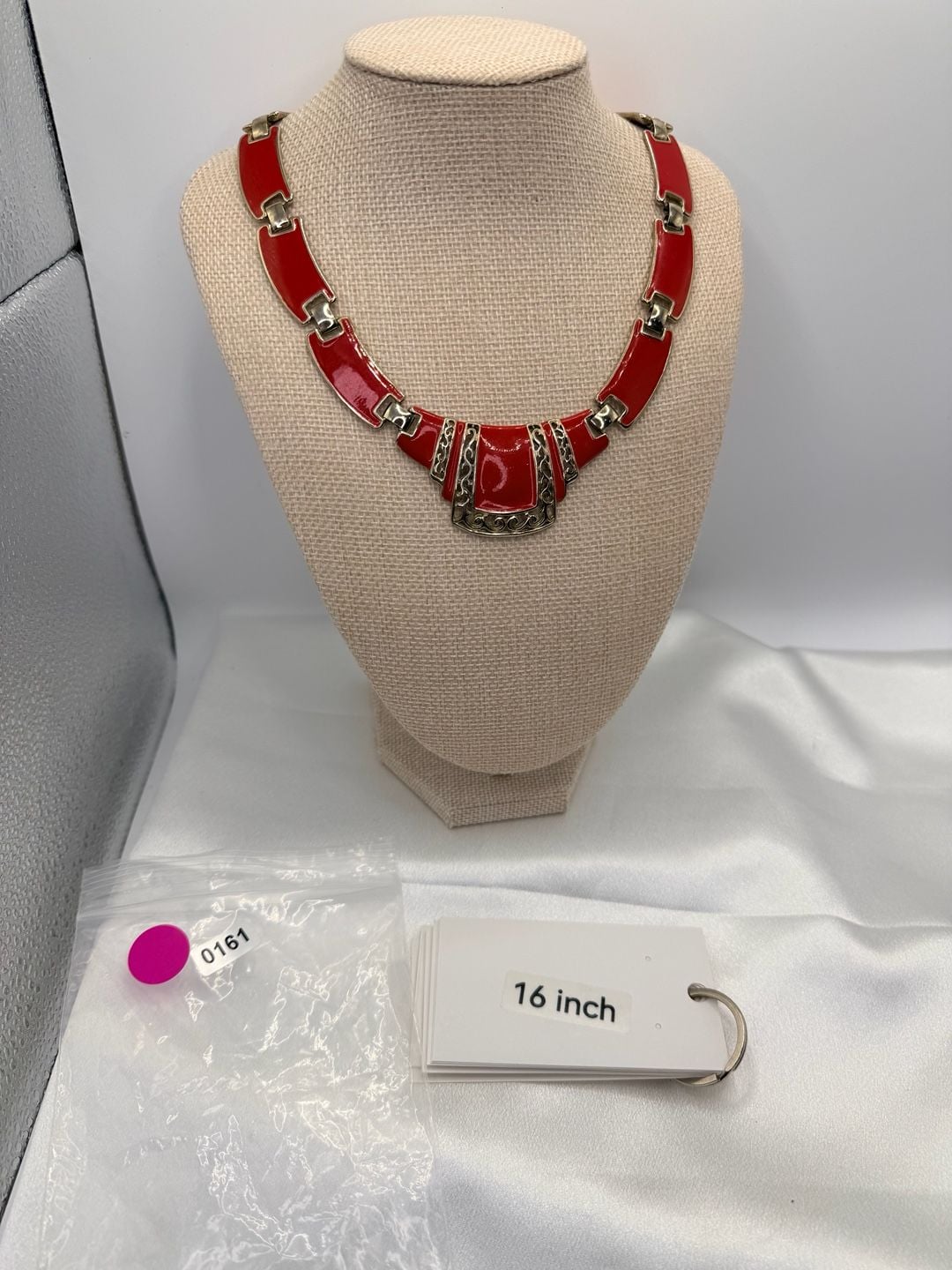 Vintage Red Enamel Bib Necklace 16 Inch Gold Tone 3