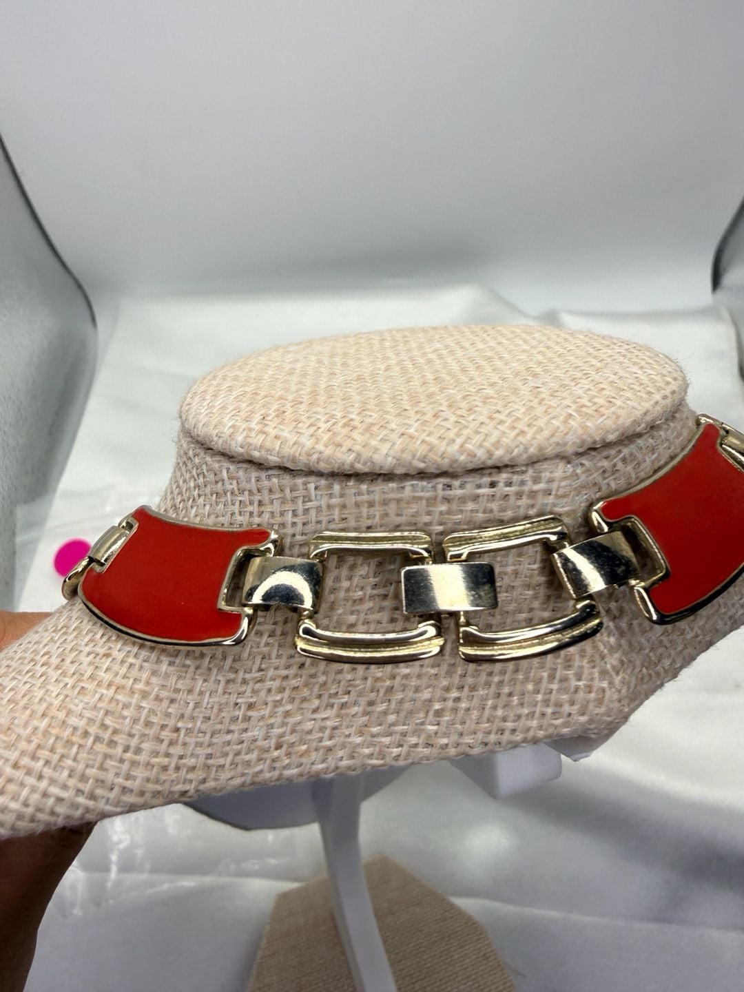 Vintage Red Enamel Bib Necklace 16 Inch Gold Tone 4