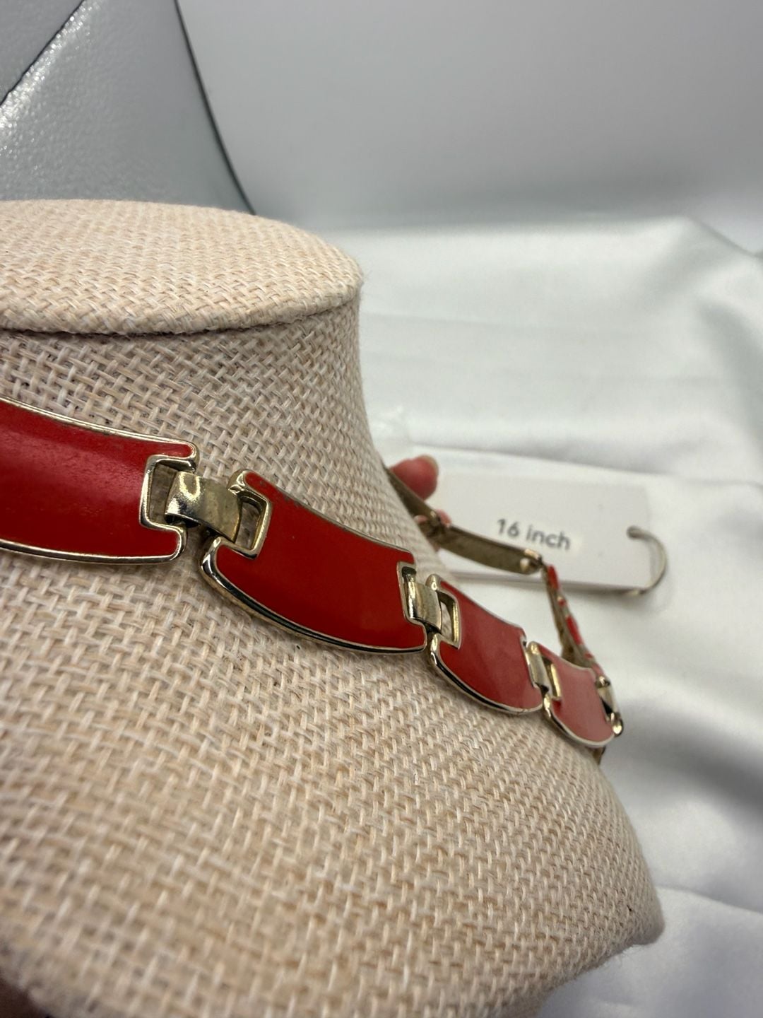 Vintage Red Enamel Bib Necklace 16 Inch Gold Tone 5