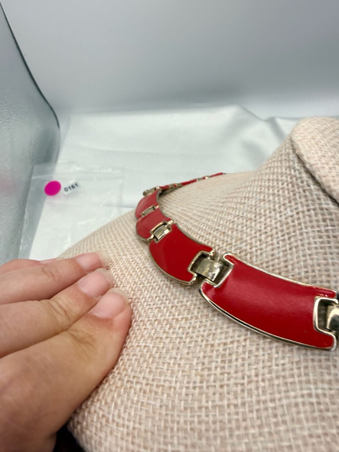Vintage Red Enamel Bib Necklace 16 Inch Gold Tone 6