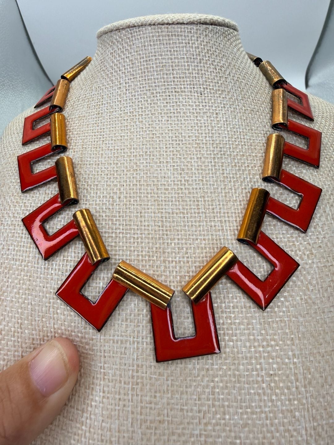 Unbranded Vintage Geometric Red Enamel Copper Necklace 2