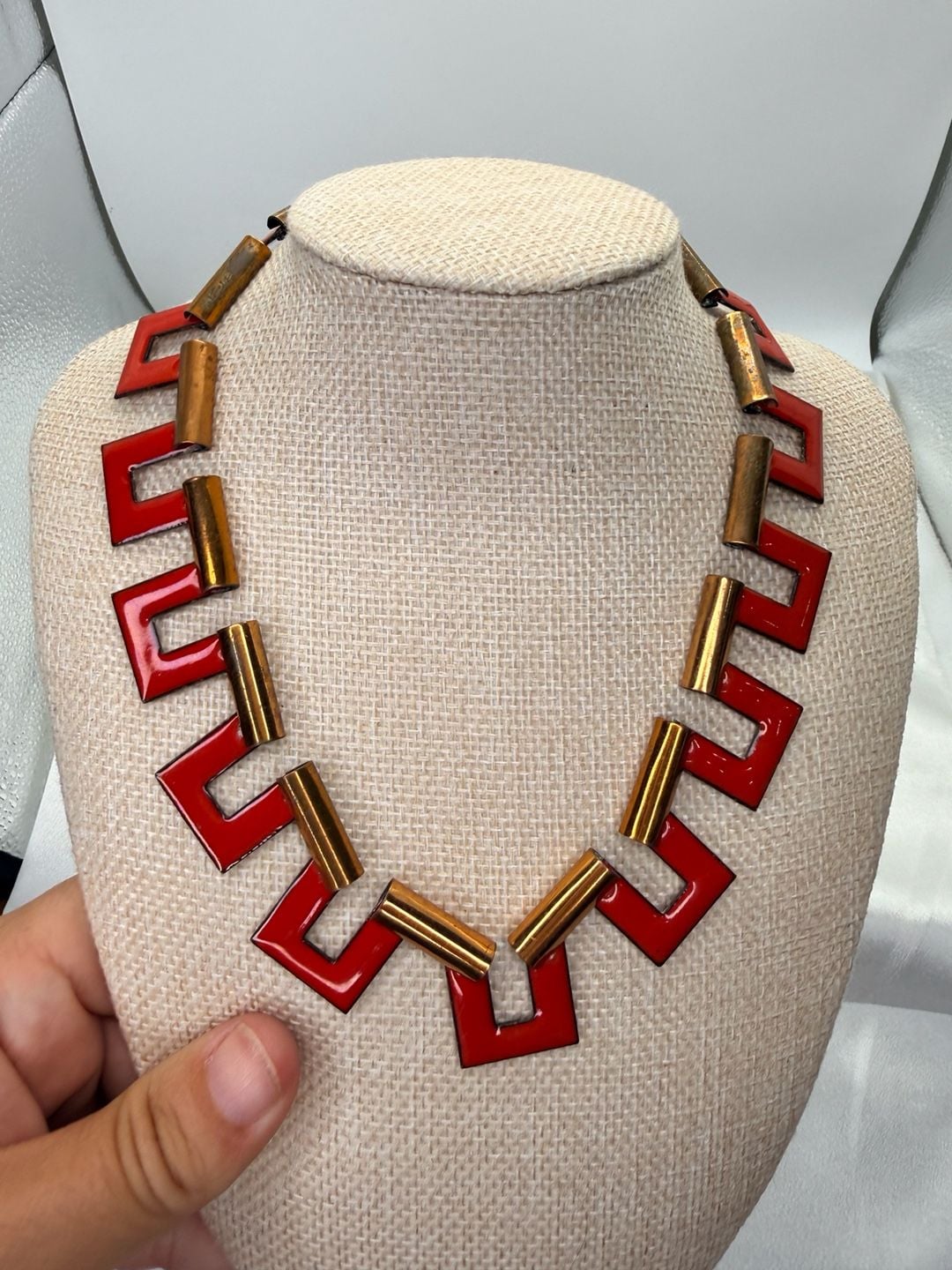 Unbranded Vintage Geometric Red Enamel Copper Necklace 5