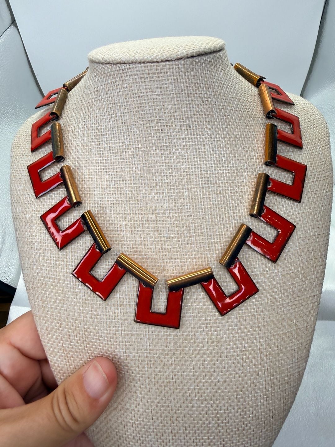 Unbranded Vintage Geometric Red Enamel Copper Necklace 6