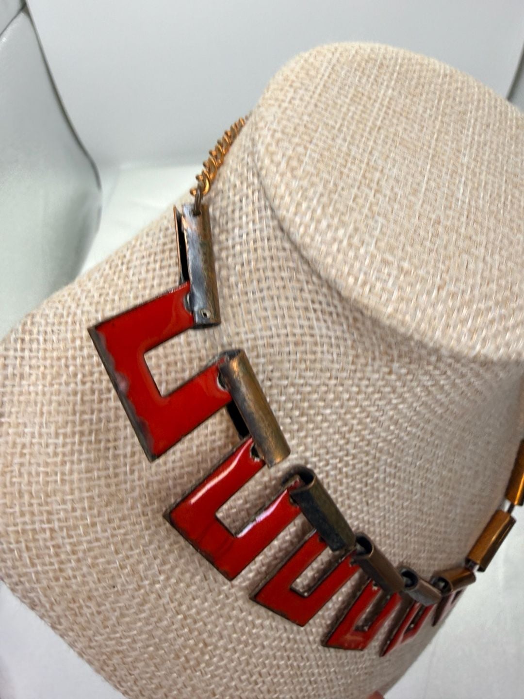 Unbranded Vintage Geometric Red Enamel Copper Necklace 7
