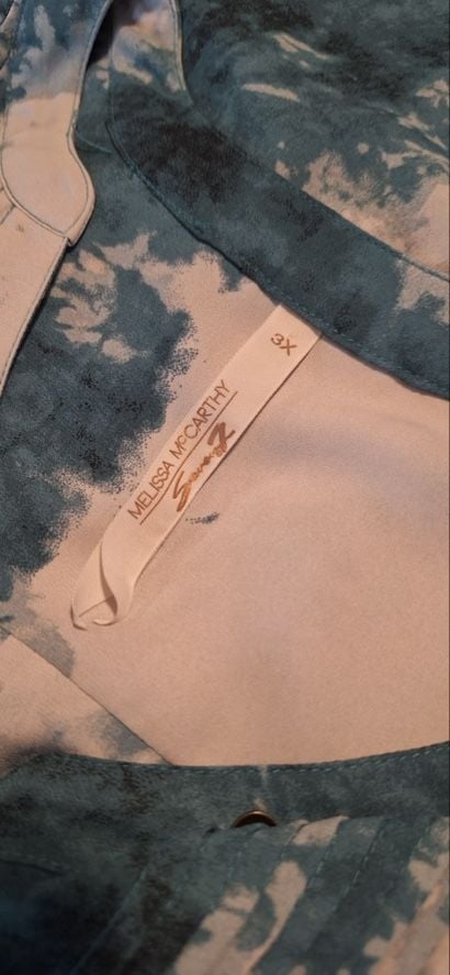 Melissa McCarthy Seven7 3X Blue Teal Tie Dye Tunic Blouse Pintuck Long Sleeve 8