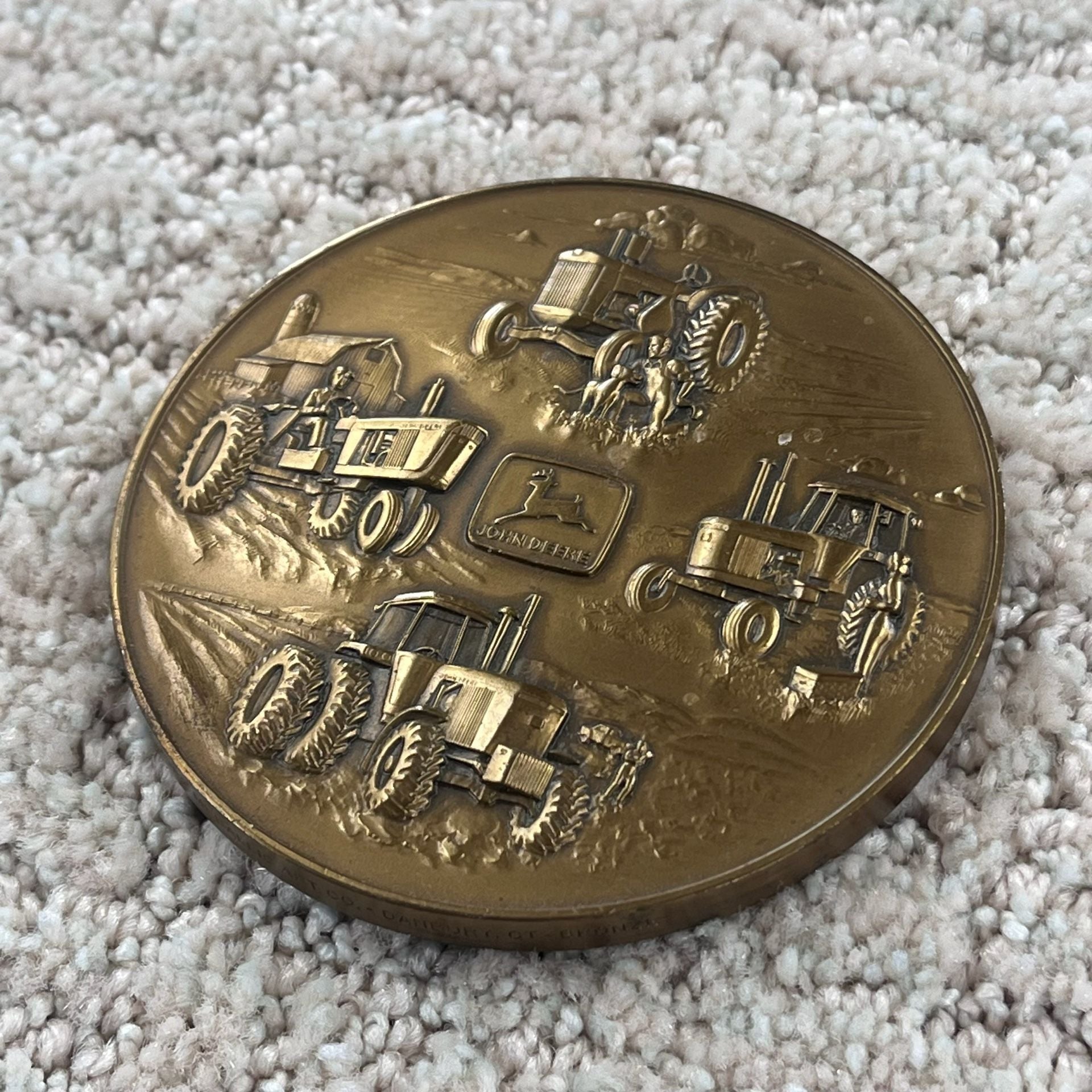 John Deere 1983 Tractor Calendar Medallion Bronze Coin With Wooden Stand 1