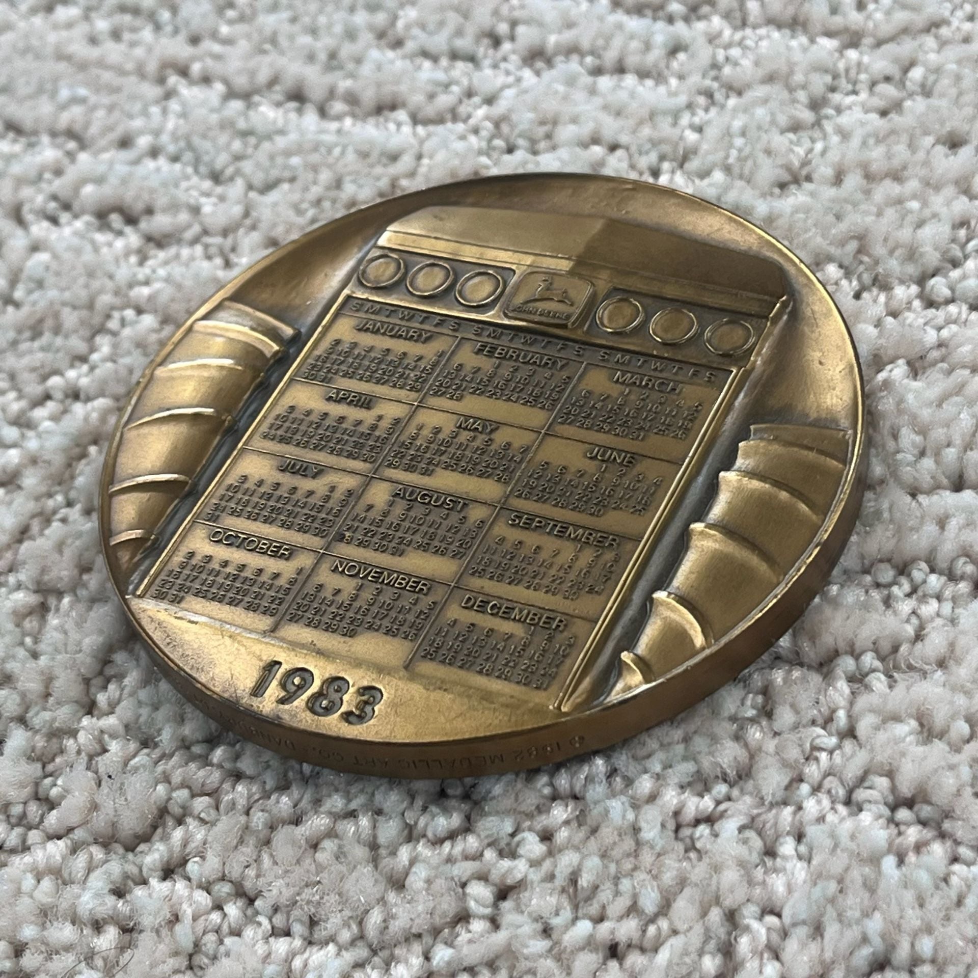 John Deere 1983 Tractor Calendar Medallion Bronze Coin With Wooden Stand 2