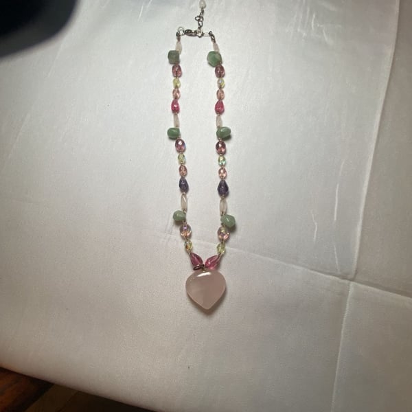 Handmade Multi-Gemstone Beaded Necklace With Rose Quartz Heart Pendant