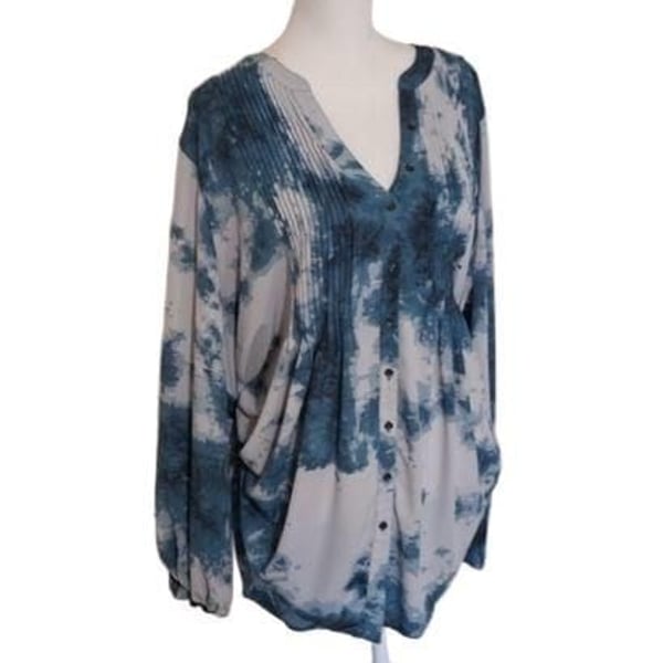 Melissa McCarthy Seven7 3X Blue Teal Tie Dye Tunic Blouse Pintuck Long Sleeve