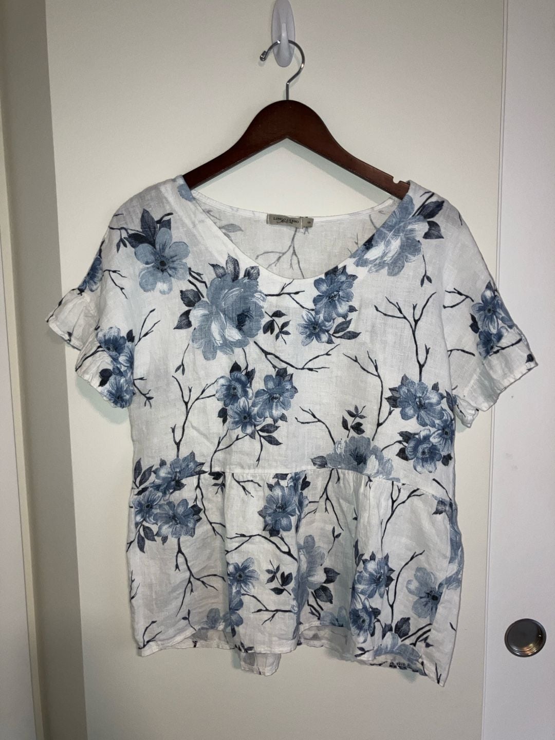 Lungo L'Arno Floral Linen Dolman Sleeve Crop Top Size S Blue White 2
