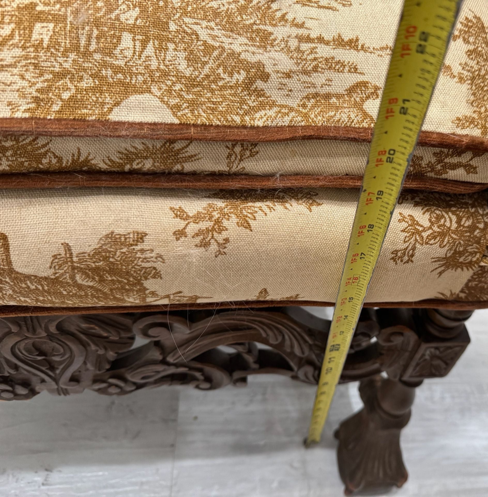 Antique French Louis Style Walnut Armchair with Toile Print Upholstery 13