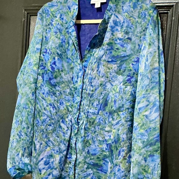 Coldwater Creek Blouse Size 16 XL Blue Green Watercolor Floral Print Tunic