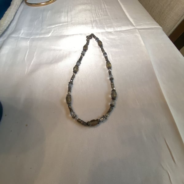 Vintage Beaded Necklace Gray Crystal Glass Silver Tone