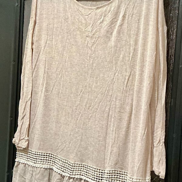 Easel Long Sleeve Tunic Top Size S Beige Crochet Hem Layered Ruffle