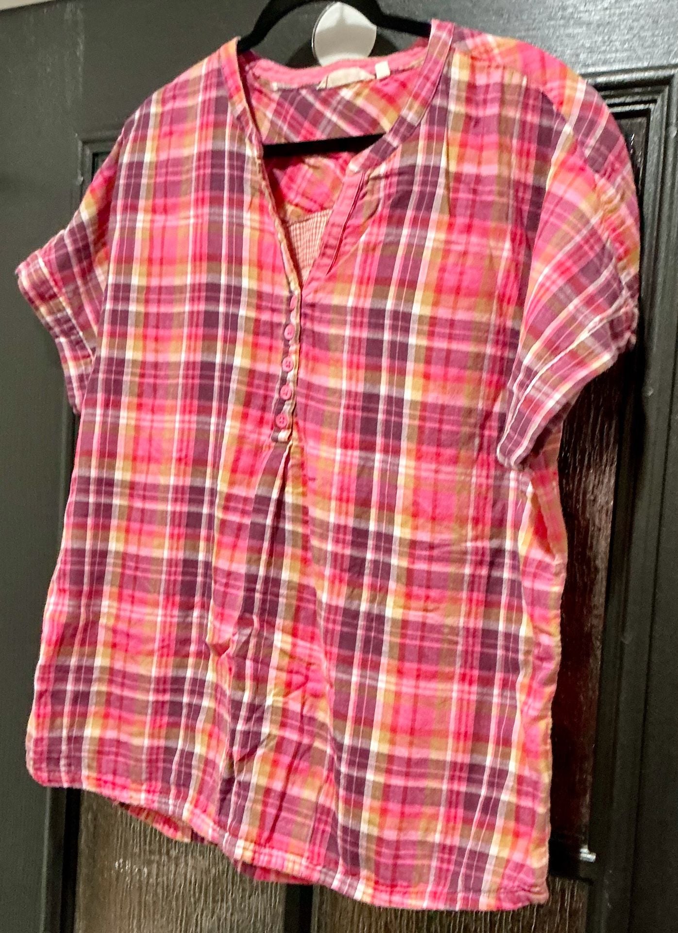 Soft Surroundings Plaid Pop Over Top Size XL Pink Short Sleeve Cotton Blouse 2