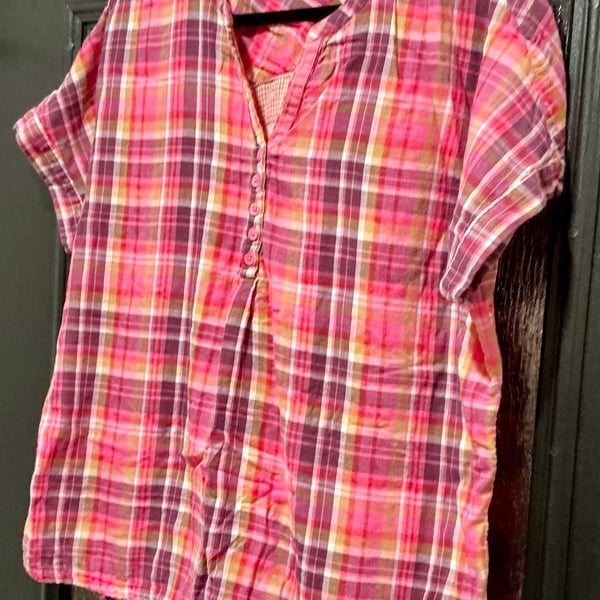 Soft Surroundings Plaid Pop Over Top Size XL Pink Short Sleeve Cotton Blouse