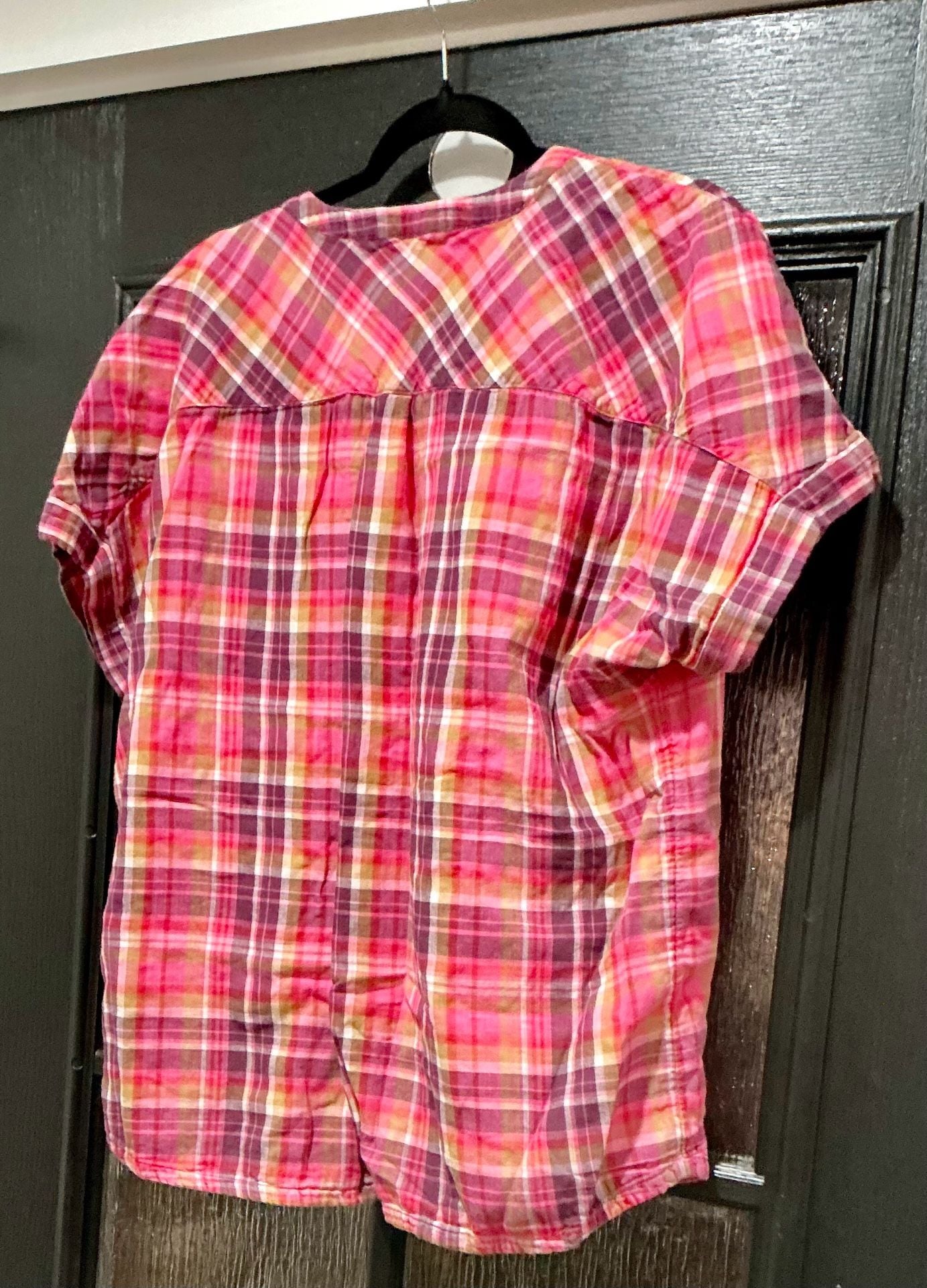 Soft Surroundings Plaid Pop Over Top Size XL Pink Short Sleeve Cotton Blouse 3