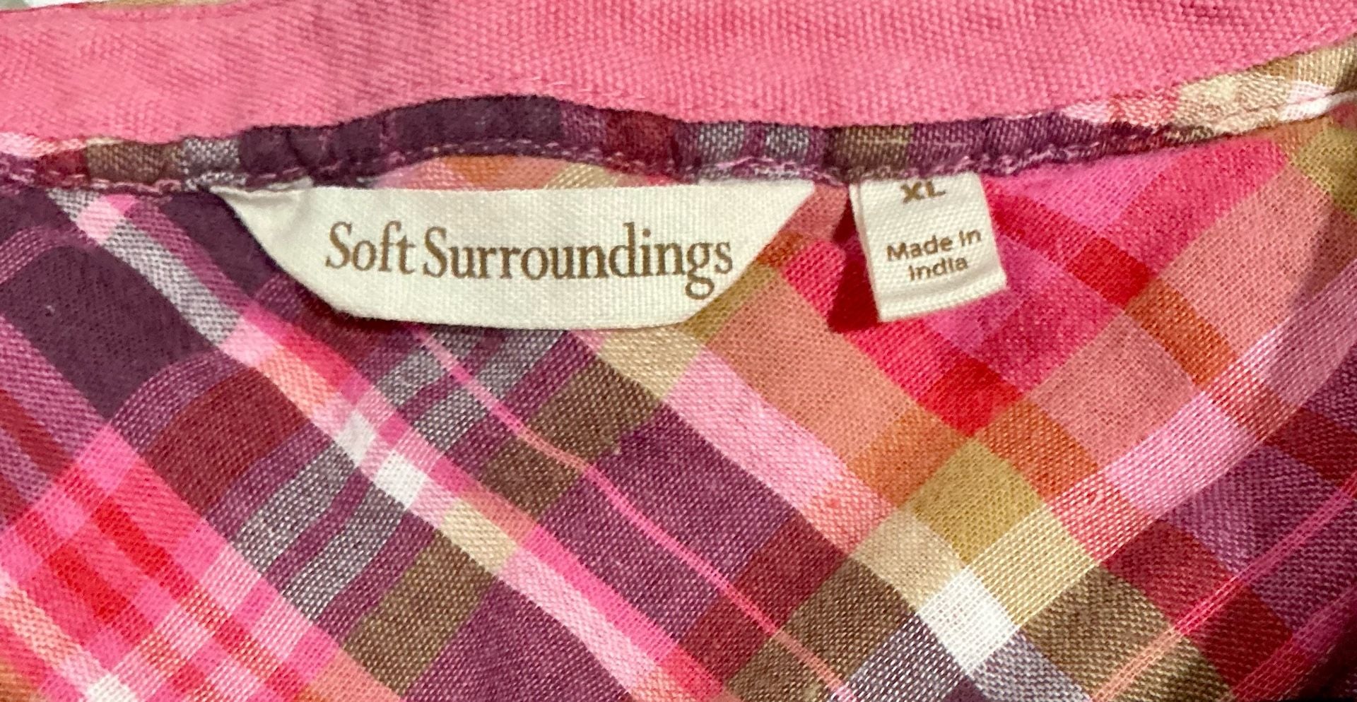 Soft Surroundings Plaid Pop Over Top Size XL Pink Short Sleeve Cotton Blouse 4