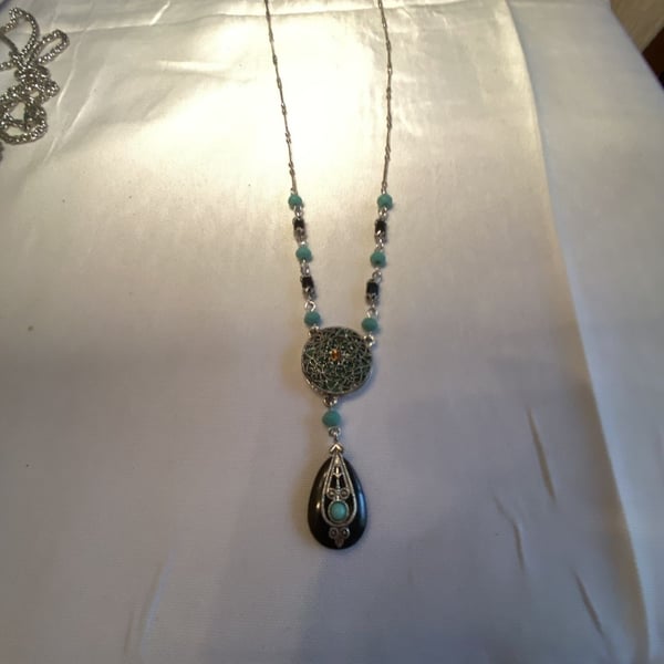 Avon Beaded and Filigree Necklace Turquoise Black Silver Tone Pendant