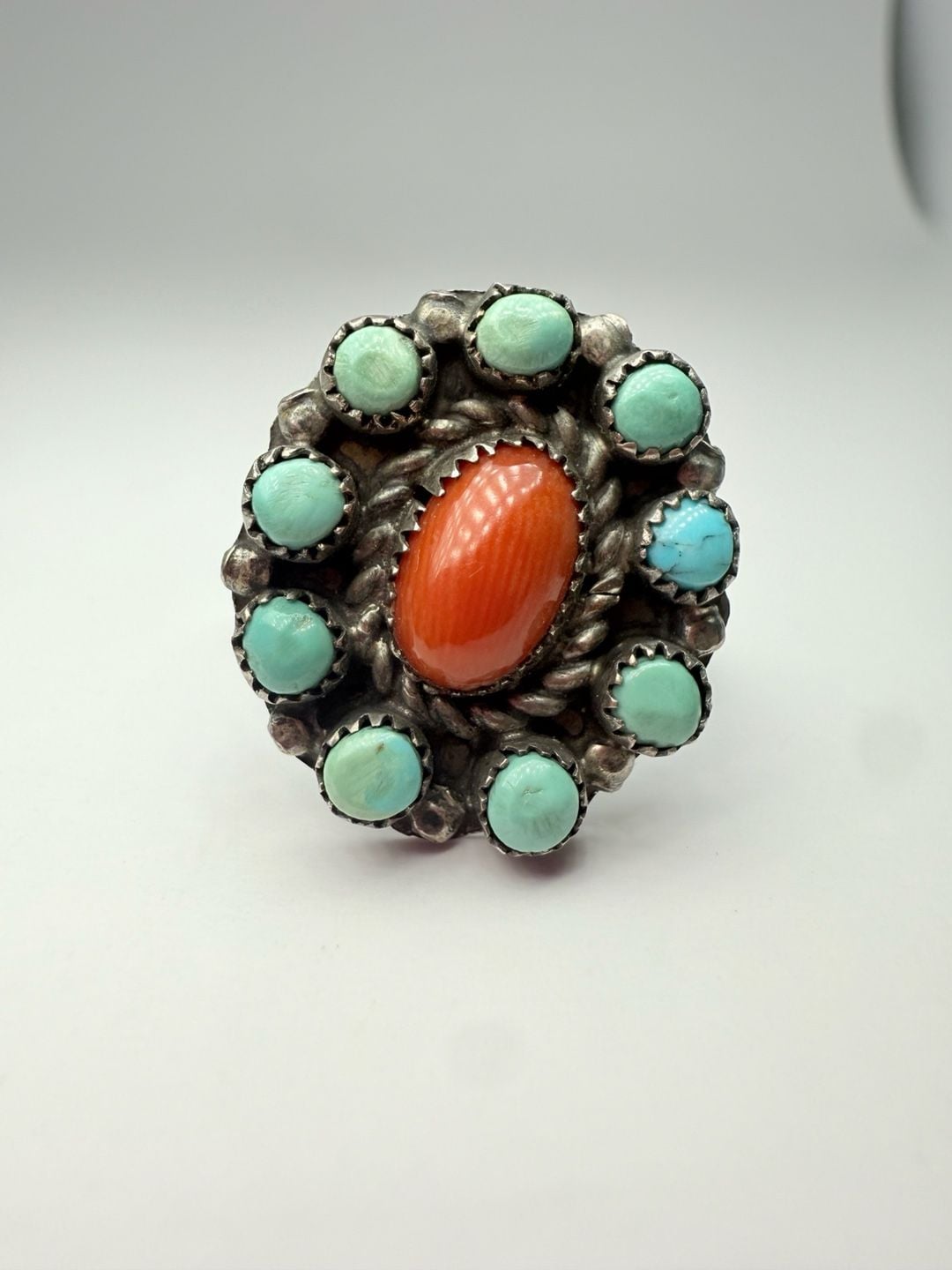 Vintage Sterling Silver Turquoise and Coral Cluster Ring 7