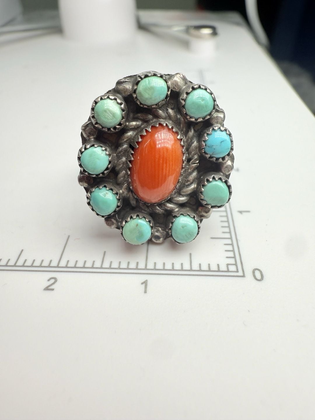 Vintage Sterling Silver Turquoise and Coral Cluster Ring 9
