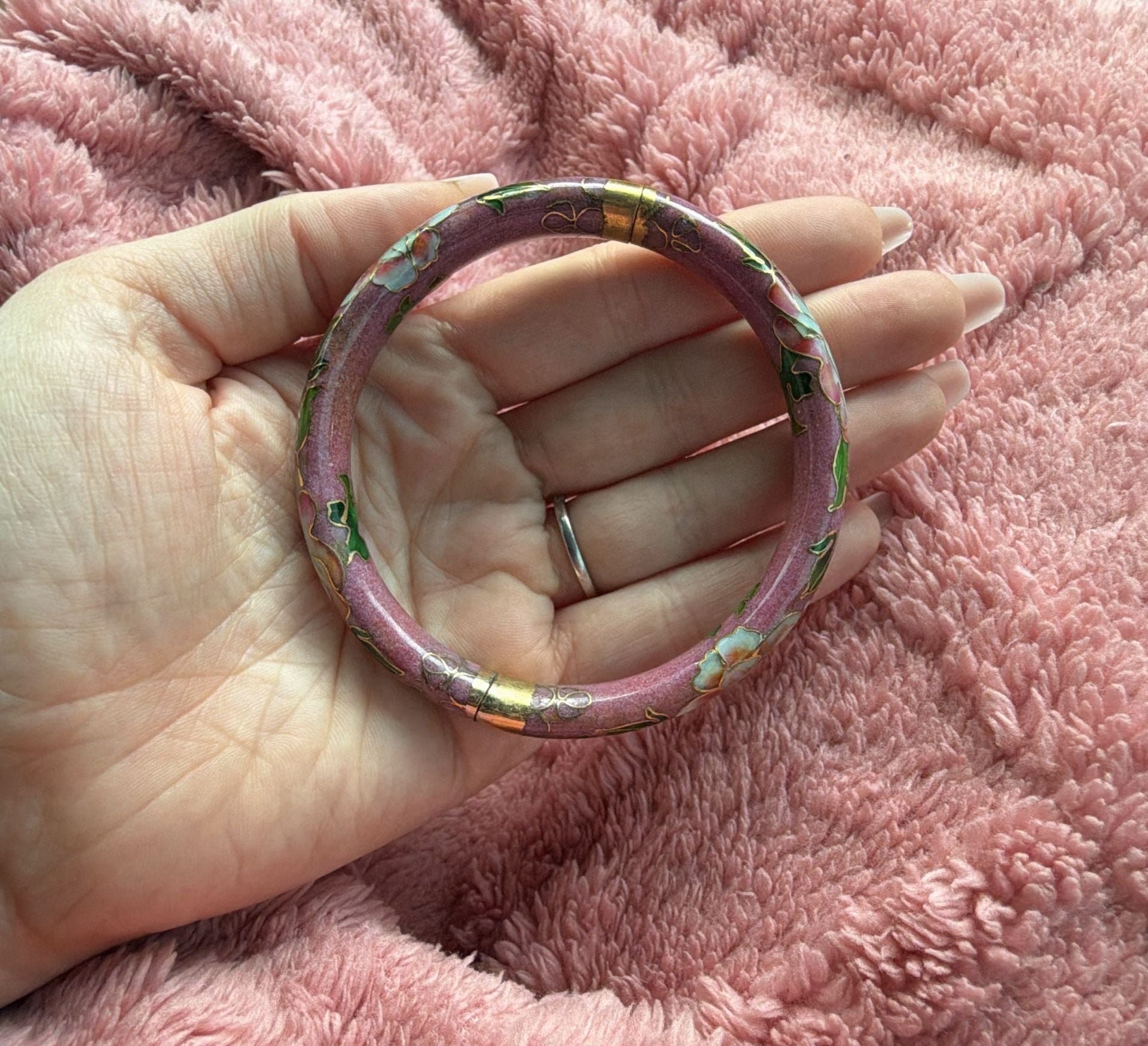 Vintage Cloisonne Enamel Hinged Bangle Bracelet Pink Green Floral 7