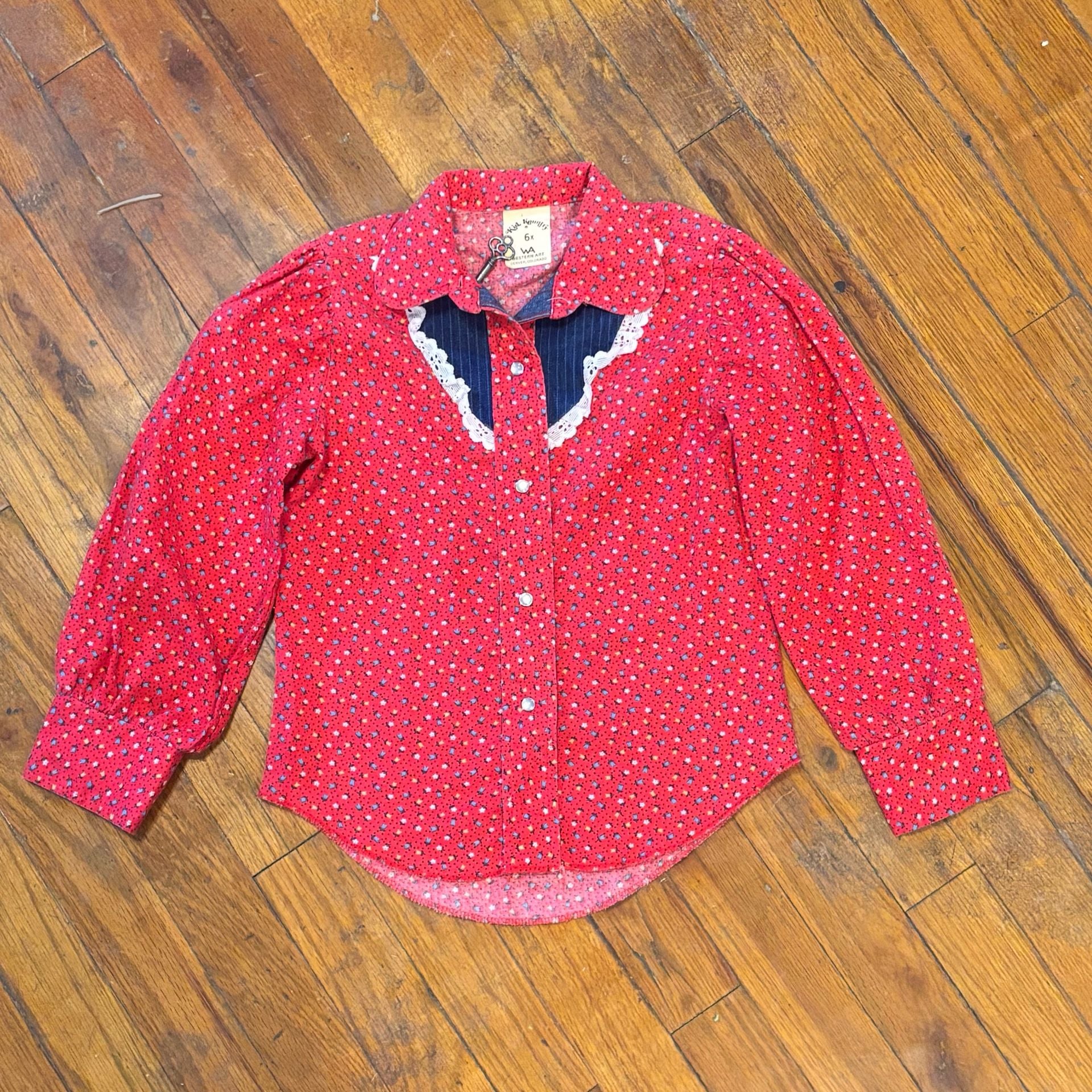 Vintage Kid Kountry Western Shirt Size 6X Red Floral Denim 2