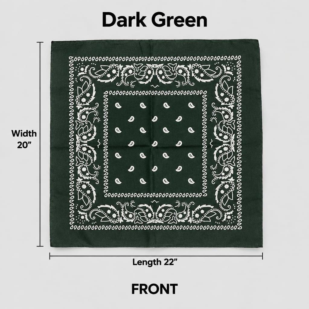 Cotton Dark Green Paisley Bandana 22" x 20" Unisex | New 3