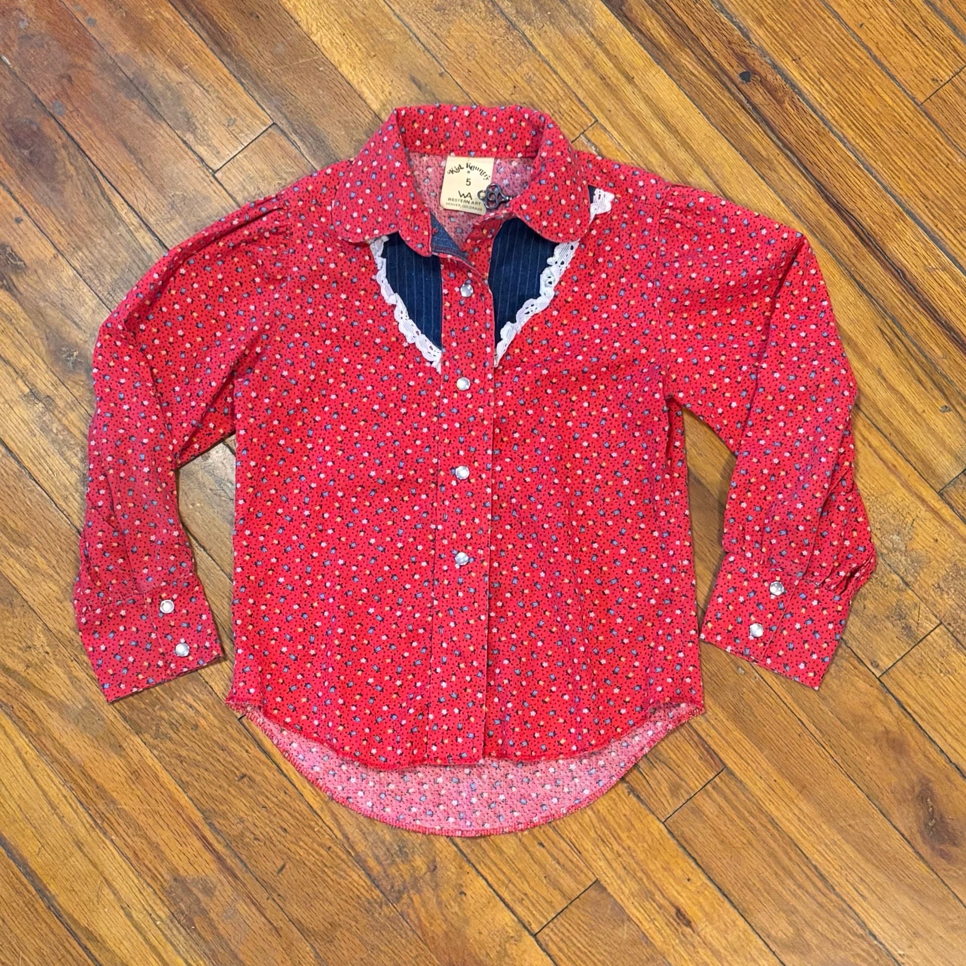 Vintage Kid Kountry Western Shirt Size 5 Red Floral Print 2