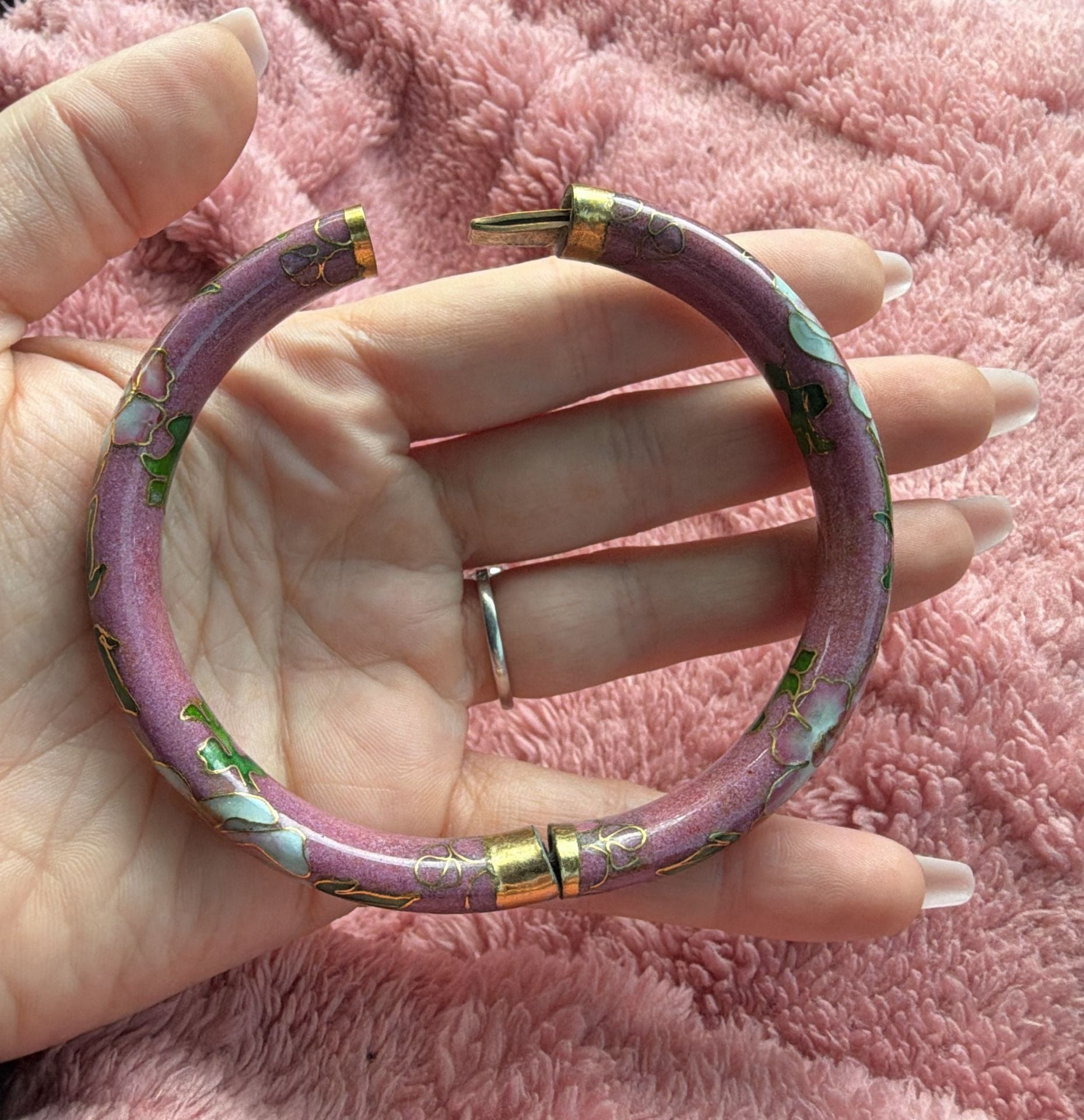 Vintage Cloisonne Enamel Hinged Bangle Bracelet Pink Green Floral 8