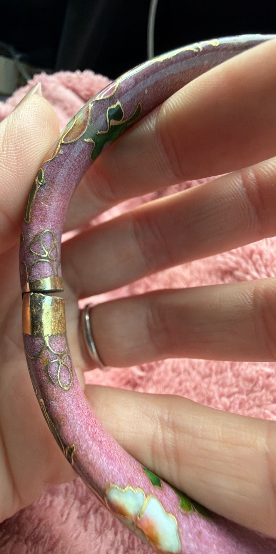 Vintage Cloisonne Enamel Hinged Bangle Bracelet Pink Green Floral 10