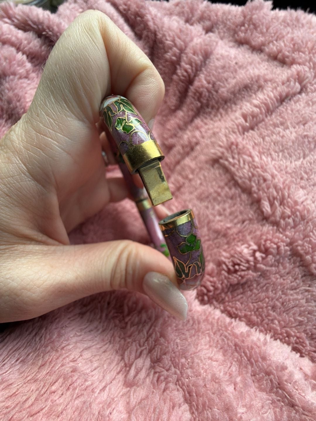 Vintage Cloisonne Enamel Hinged Bangle Bracelet Pink Green Floral 9