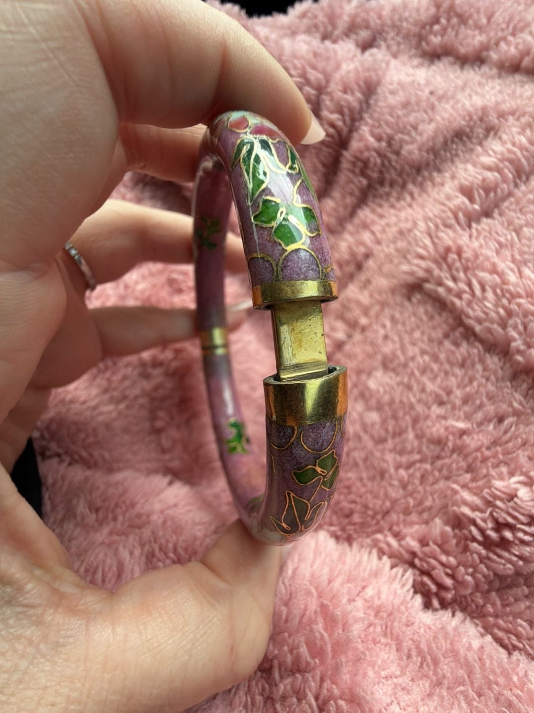Vintage Cloisonne Enamel Hinged Bangle Bracelet Pink Green Floral 11