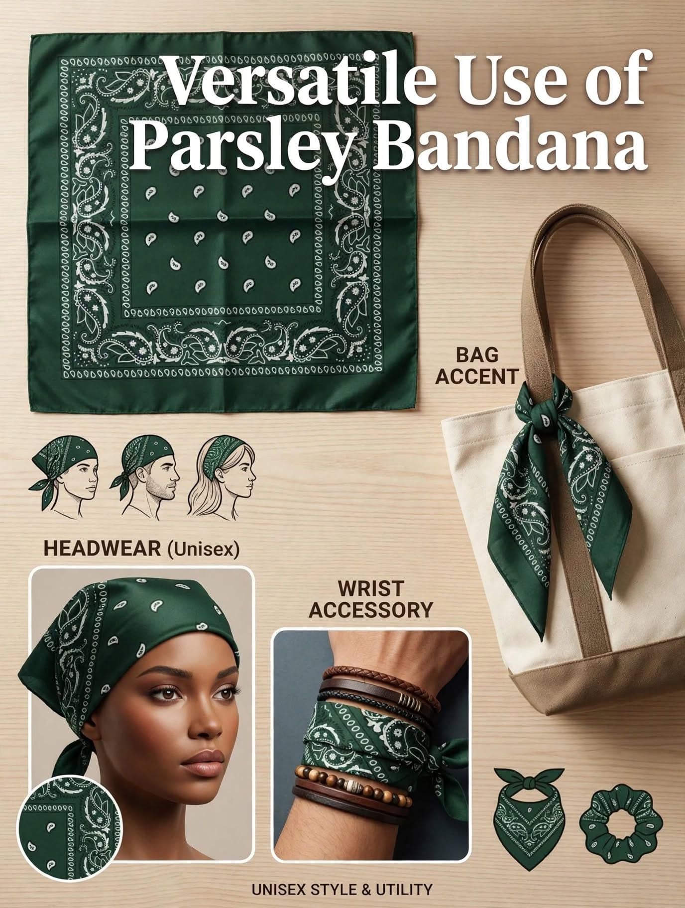 Cotton Dark Green Paisley Bandana 22" x 20" Unisex | New 5
