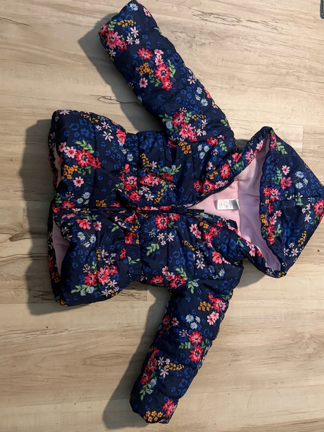 Little Me Puffer Jacket Size 2T Navy Floral Hooded Fleece Lined 2