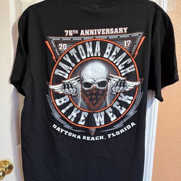 SUN Cotton Daytona Beach Bike Week T-Shirt Size X-Large Black Skull 76th