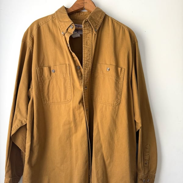 Vintage Wrangler Rugged Wear Heavy Canvas Button Up Shirt XL Duck Brown Workwear