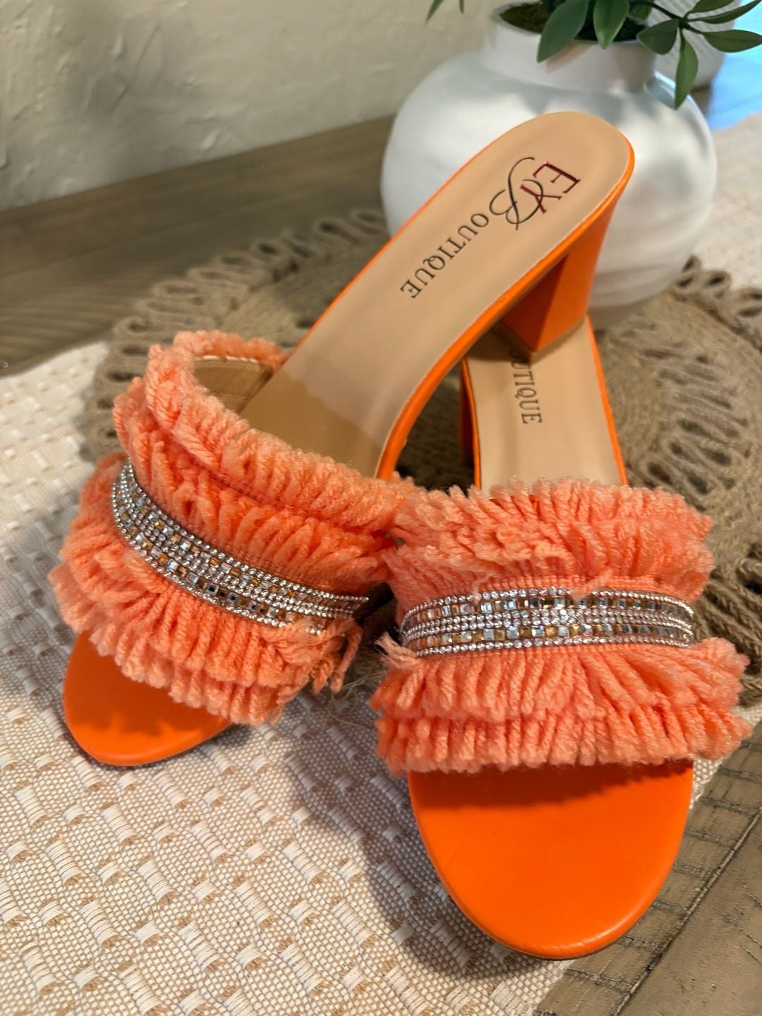 EXBoutique Orange Block Heel Mules With Rhinestones 2