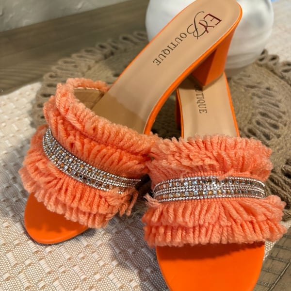 EXBoutique Orange Block Heel Mules With Rhinestones