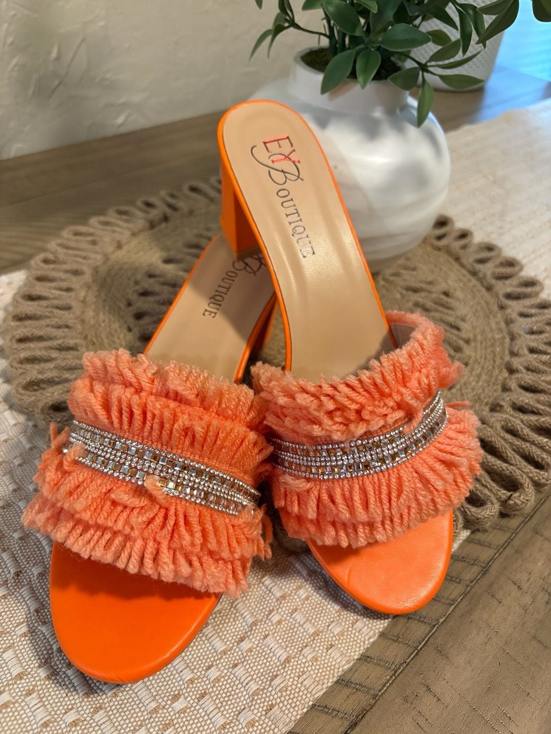 EXBoutique Orange Block Heel Mules With Rhinestones 3