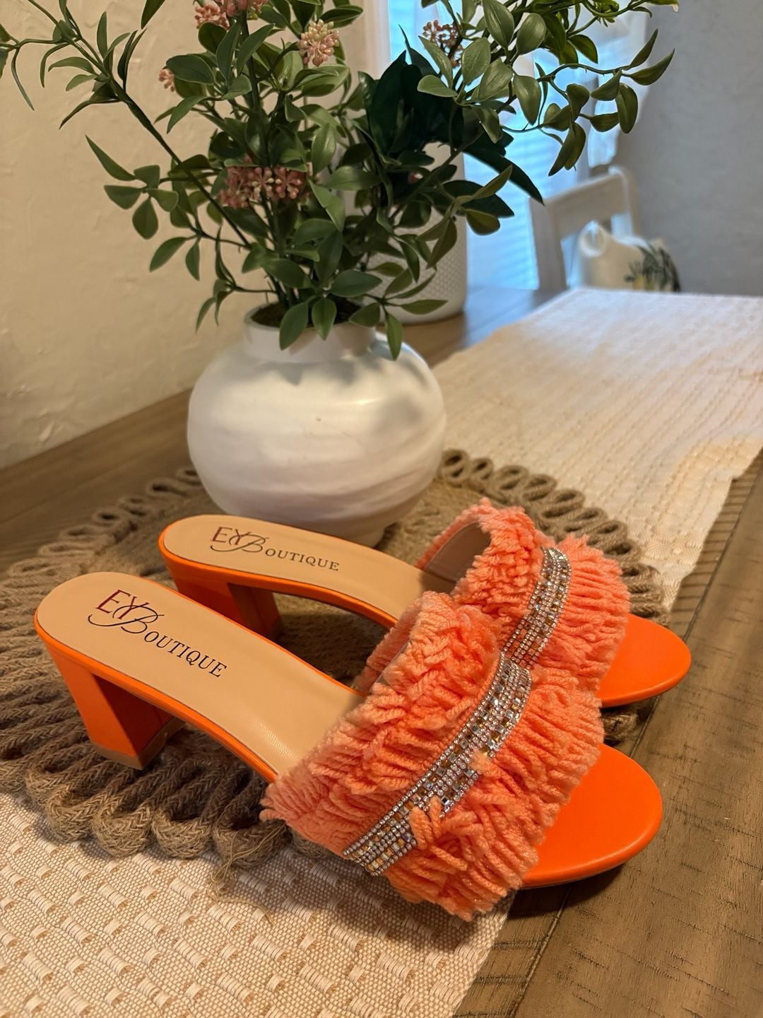 EXBoutique Orange Block Heel Mules With Rhinestones 4
